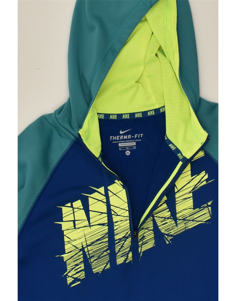 NIKE Womens Therma-Fit Graphic Hoodie Jumper UK 18 XL Blue Colourblock | Vintage Nike | Thrift | Second-Hand Nike | Used Clothing | Messina Hembry 