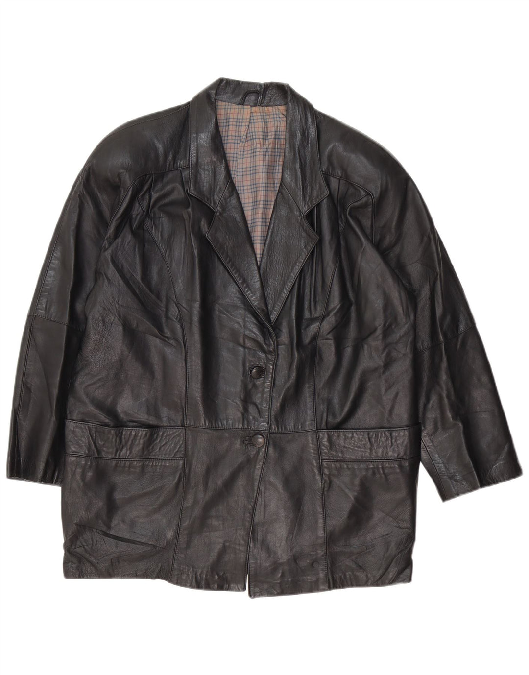 Vintage Womens Loose Fit Leather Coat EU 46 XL Black Leather