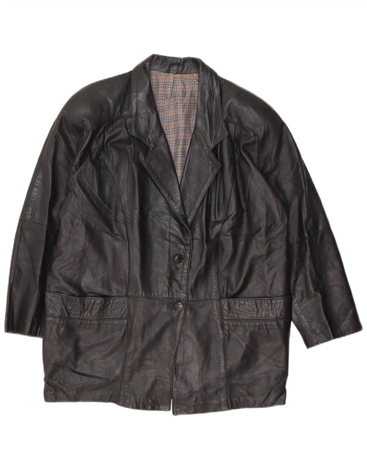 Vintage Womens Loose Fit Leather Coat EU 46 XL Black Leather