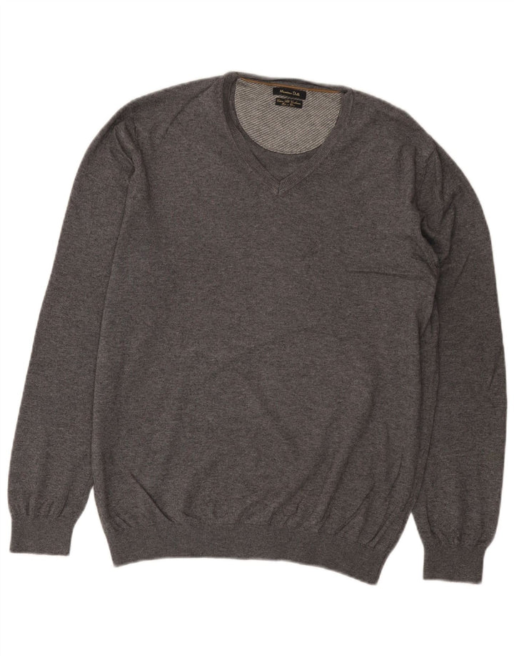 Massimo Dutti Womens V-Neck Jumper Sweater UK 16 Large Grey Cotton