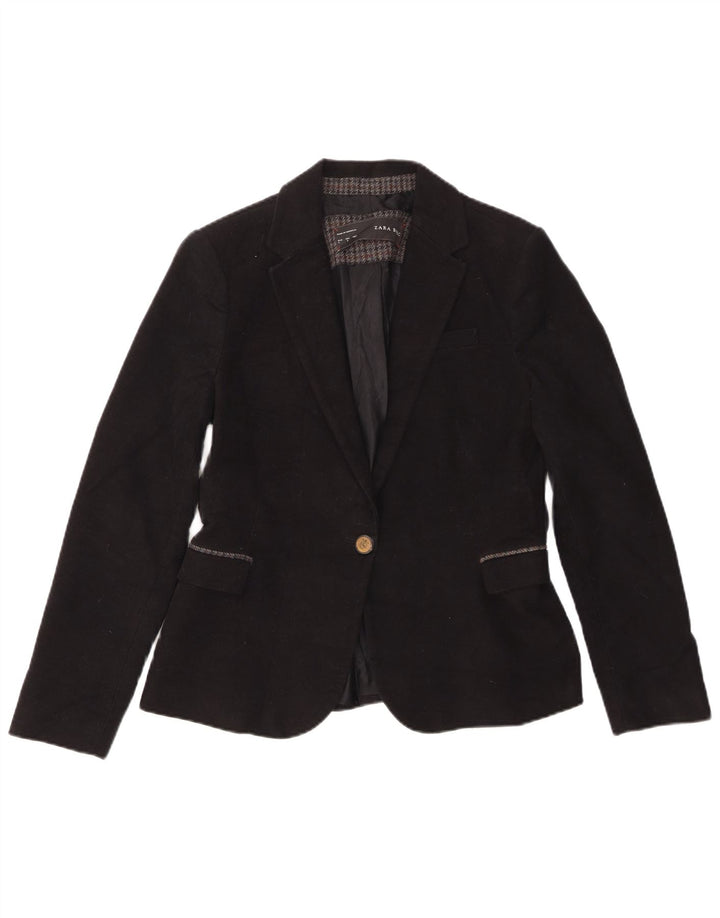 Zara Womens 1 Button Blazer Jacket UK 14 Large Black Cotton