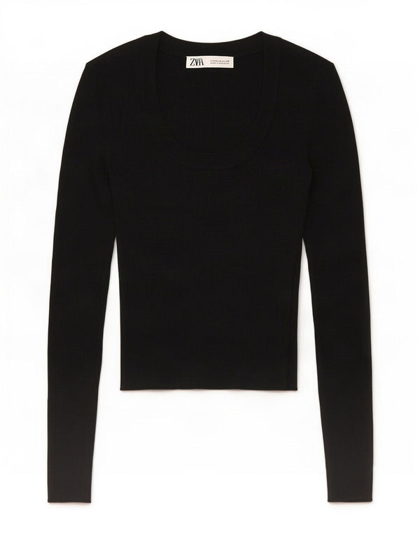 Zara Womens Crop Top Long Sleeve UK 12 Medium Black Viscose