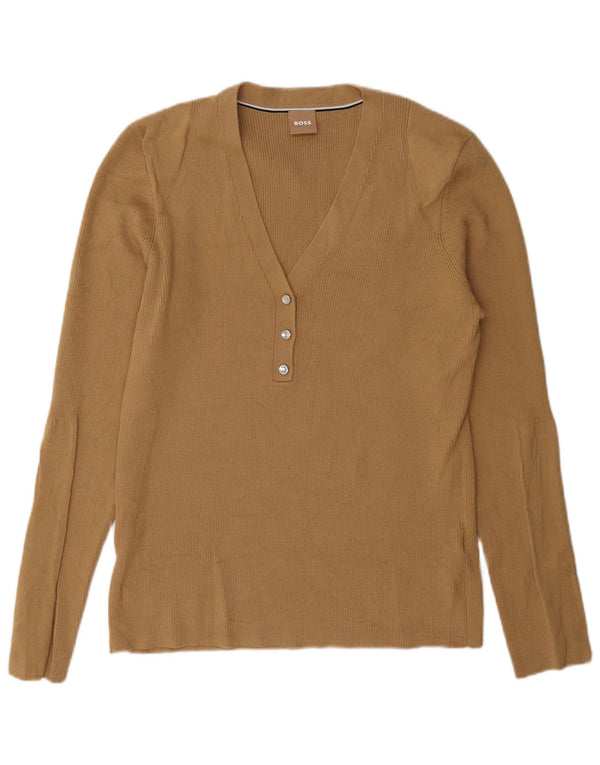 Hugo Boss Womens V-Neck Jumper Sweater UK 18 XL Beige Polyacrylic