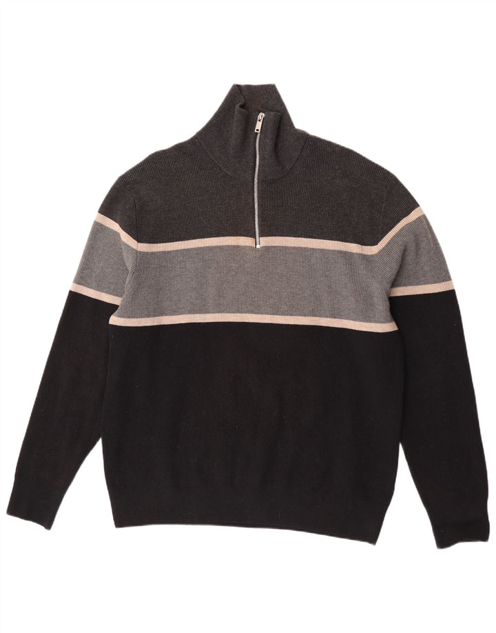 Marks & Spencer Mens Zip Neck Jumper Sweater XL Grey Colourblock Polyester