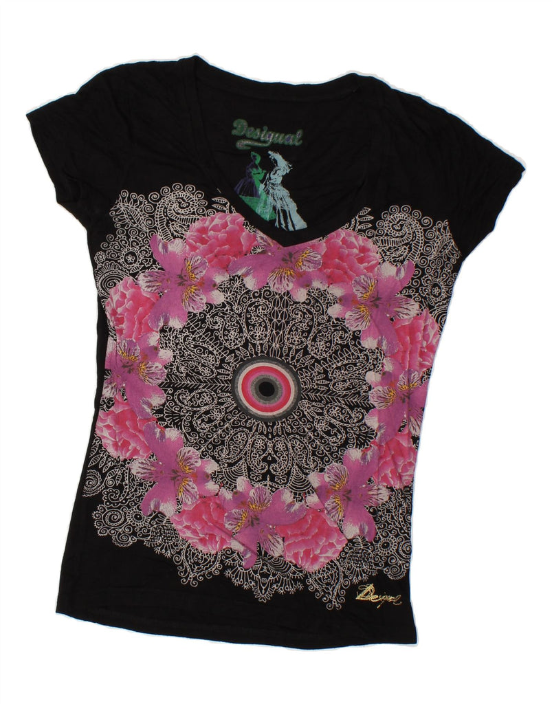 DESIGUAL Womens Graphic T-Shirt Top UK 12 Medium Black Floral | Vintage Desigual | Thrift | Second-Hand Desigual | Used Clothing | Messina Hembry 