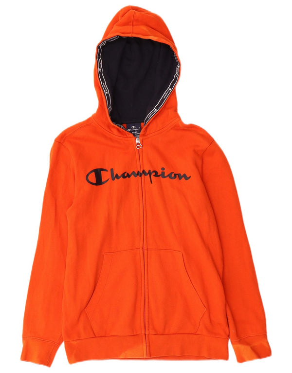 CHAMPION Boys Graphic Zip Hoodie Sweater 11-12 Years Large Orange Cotton
