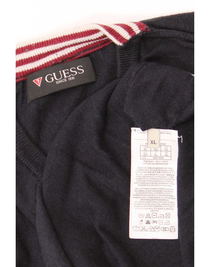 Guess Mens V-Neck Jumper Sweater XL Navy Blue Cotton