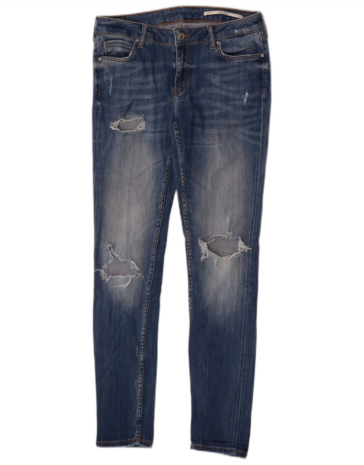 Zara Womens Distressed Mid Rise Slim Jeans EU 40 Medium W30 L30 Blue Cotton