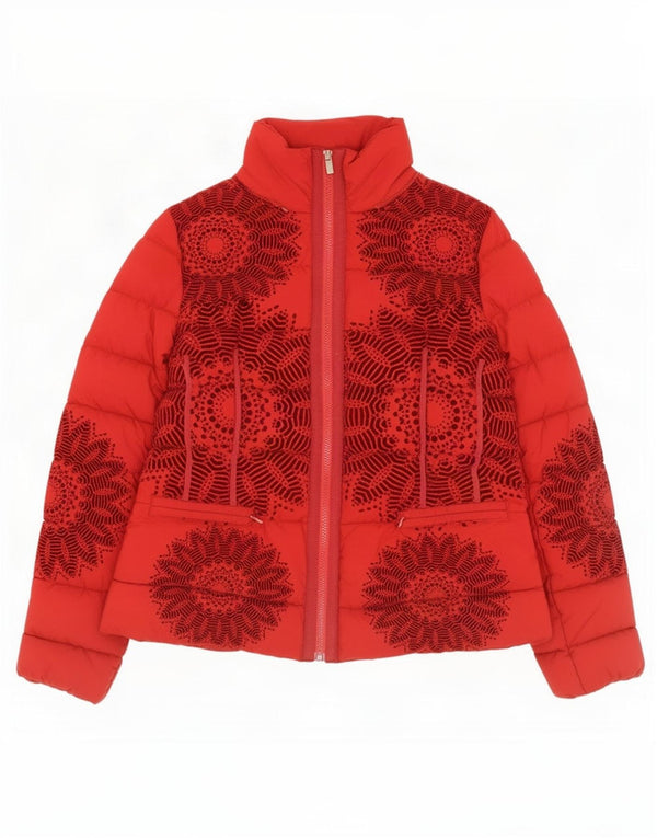 Desigual Womens Graphic Padded Jacket EU 42 Large Red Geometric Polyester