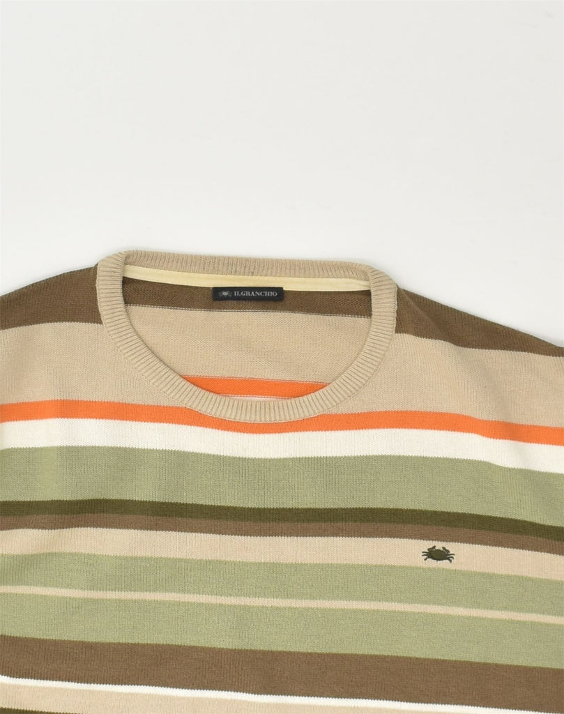 IL GRANCHIO Mens Crew Neck Jumper Sweater IT 50 Medium Beige Striped | Vintage Il Granchio | Thrift | Second-Hand Il Granchio | Used Clothing | Messina Hembry 