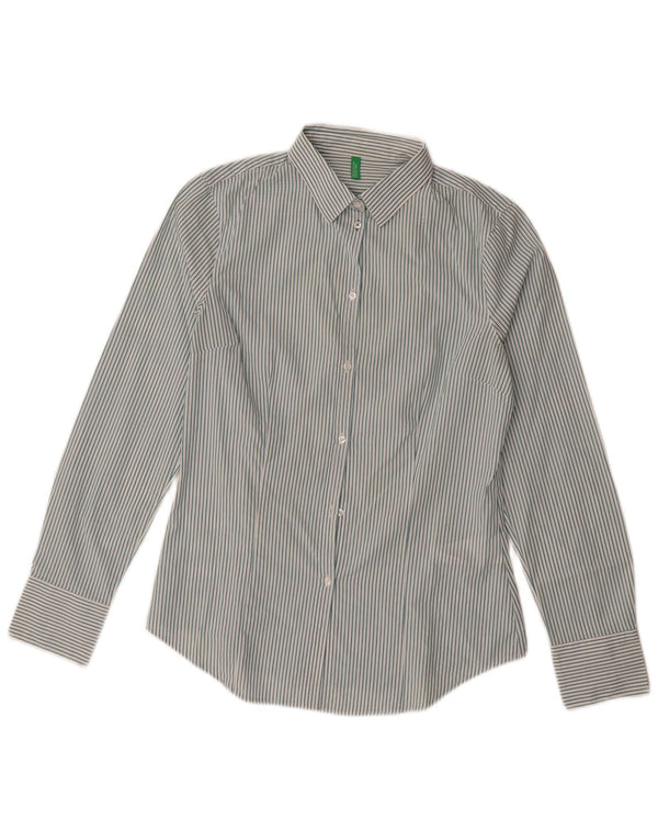 Benetton Womens Shirt UK 10 Small Blue Pinstripe Cotton