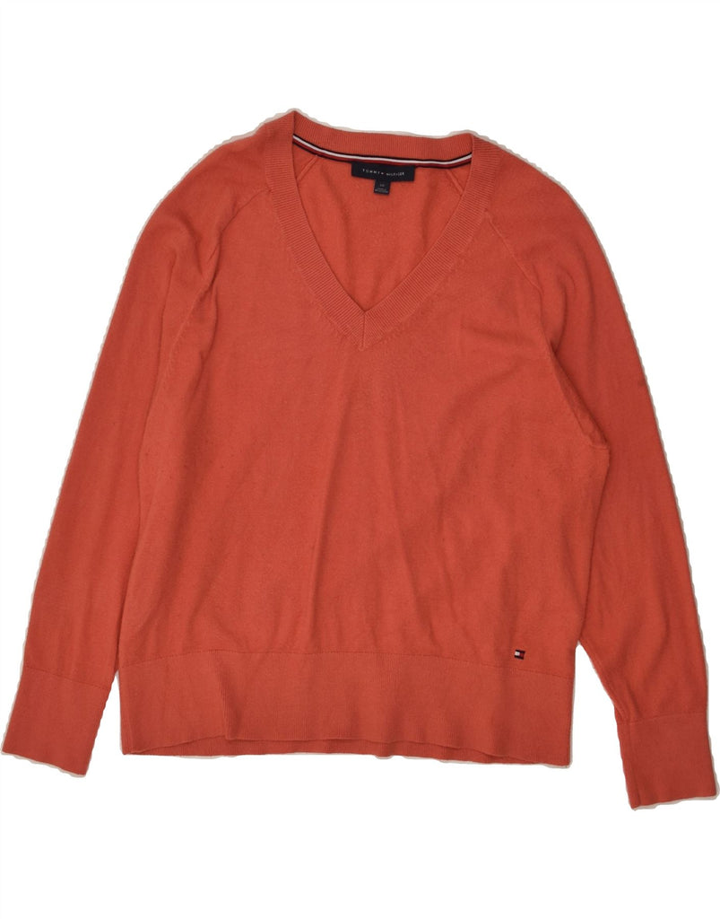 TOMMY HILFIGER Womens V-Neck Jumper Sweater UK 10 Small Orange Viscose | Vintage Tommy Hilfiger | Thrift | Second-Hand Tommy Hilfiger | Used Clothing | Messina Hembry 