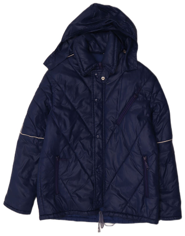 Vintage Mens Hooded Padded Jacket IT 48 Medium Navy Blue Polyamide