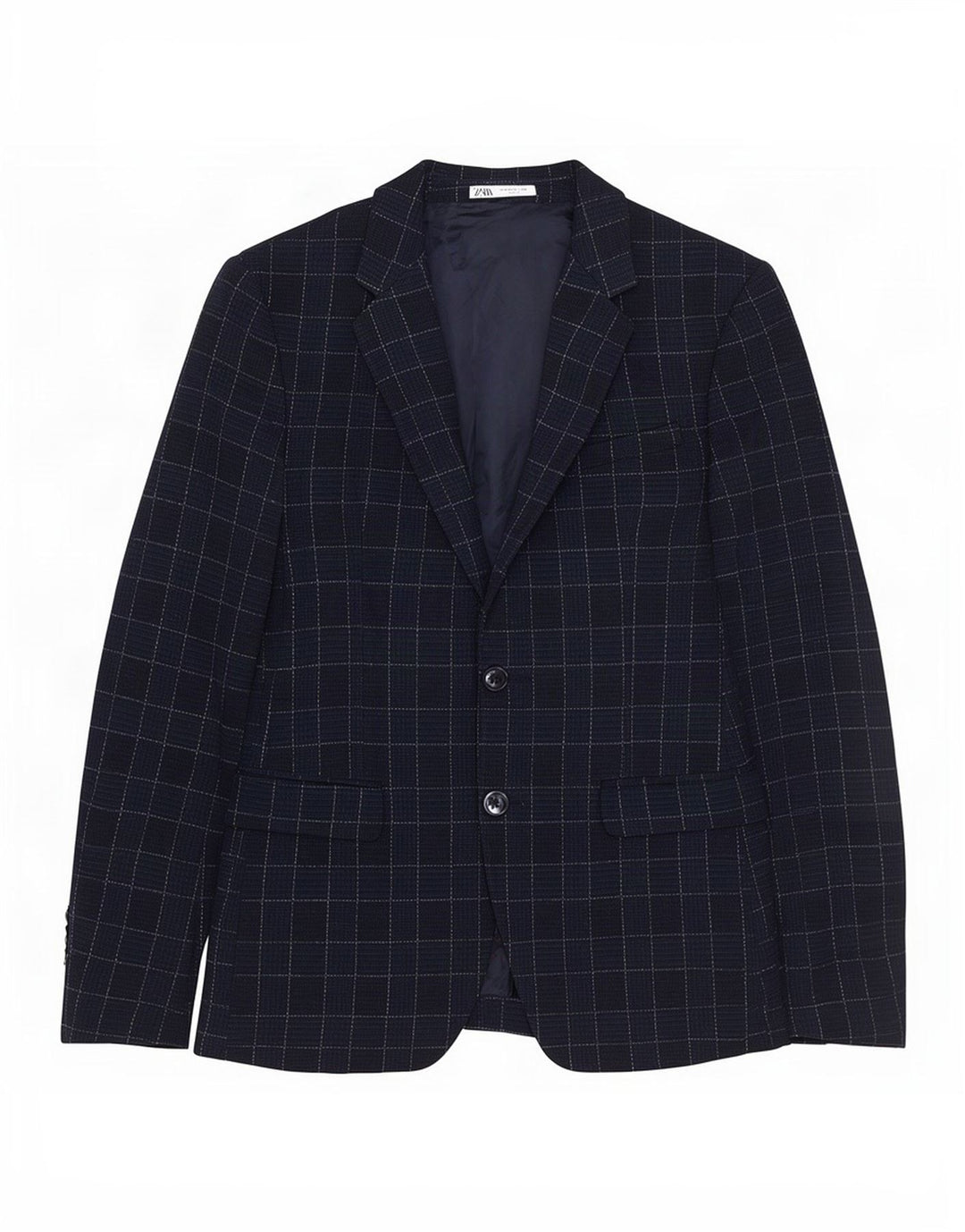 Zara Mens 2 Button Blazer Jacket EU 46 Small Navy Blue Check Polyester