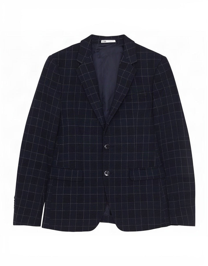 Zara Mens 2 Button Blazer Jacket EU 46 Small Navy Blue Check Polyester