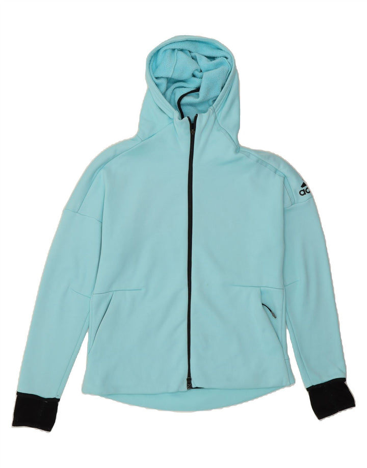 ADIDAS Womens Climaheat Zip Hoodie Sweater UK 14 Medium Blue Colourblock Vintage Adidas and Second-Hand Adidas from Messina Hembry 