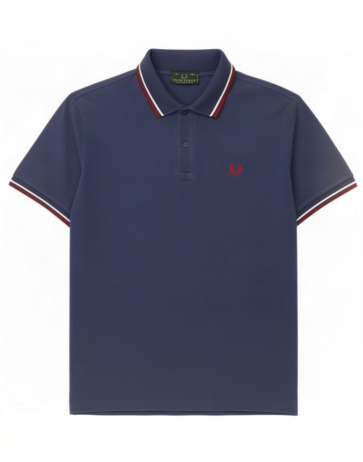 Fred Perry Mens Polo Shirt Medium Navy Blue Striped Cotton
