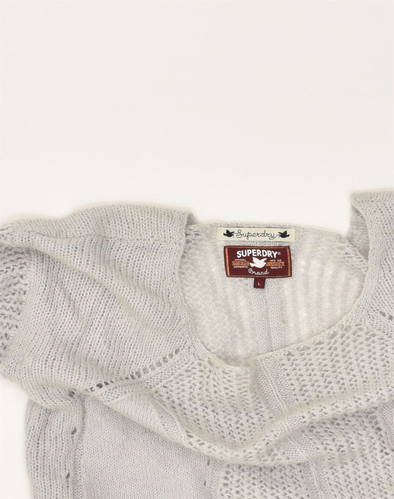 SUPERDRY Womens Boat Neck Jumper Sweater UK 16 Large Grey Acrylic | Vintage Superdry | Thrift | Second-Hand Superdry | Used Clothing | Messina Hembry 