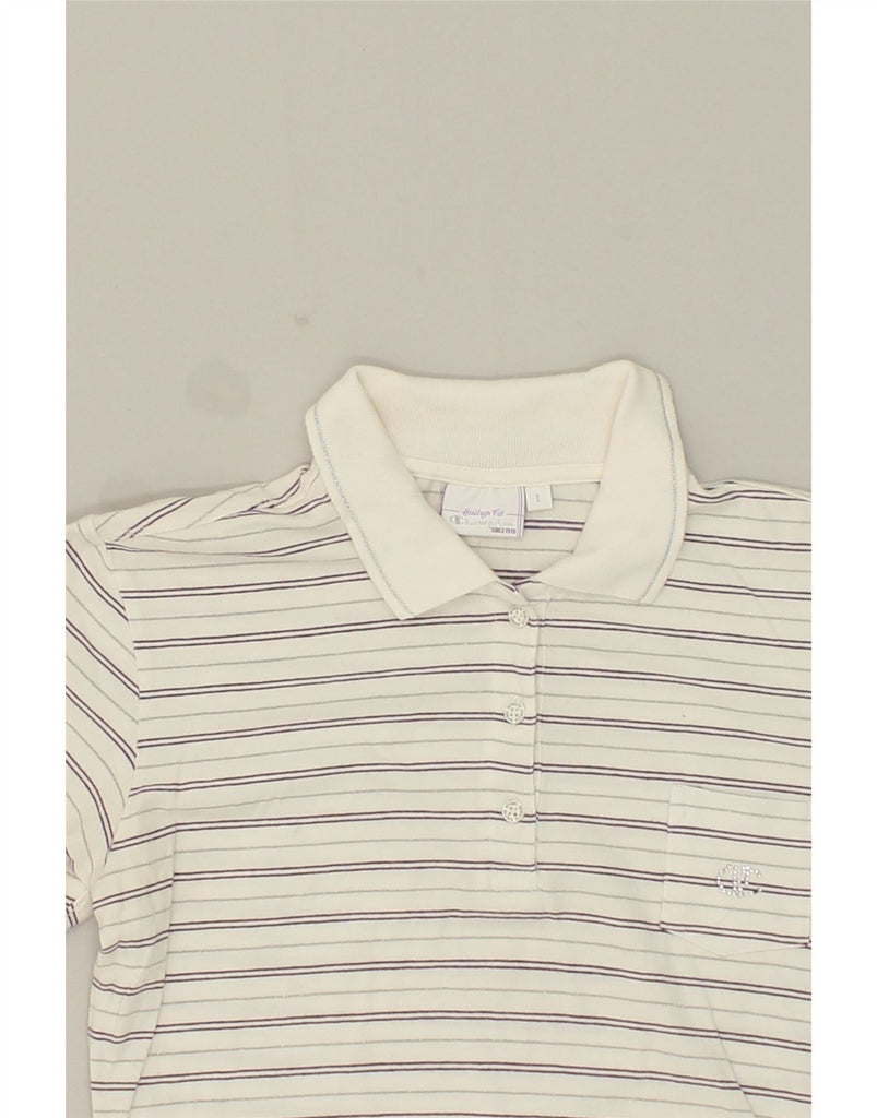 CHAMPION Womens Heritage Fit Polo Shirt UK 14 Large White Striped | Vintage Champion | Thrift | Second-Hand Champion | Used Clothing | Messina Hembry 