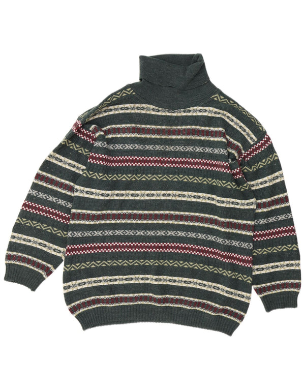 Vintage Mens Roll Neck Jumper Sweater Large Green Fair Isle