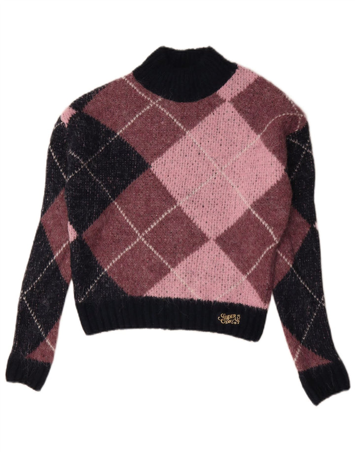 Superdry Womens Turtle Neck Jumper Sweater UK 10 Small Pink Argyle/Diamond