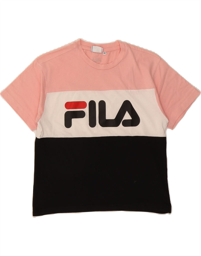 FILA Womens Graphic T-Shirt Top UK 6 XS Multicoloured Colourblock Cotton Vintage Fila and Second-Hand Fila from Messina Hembry 