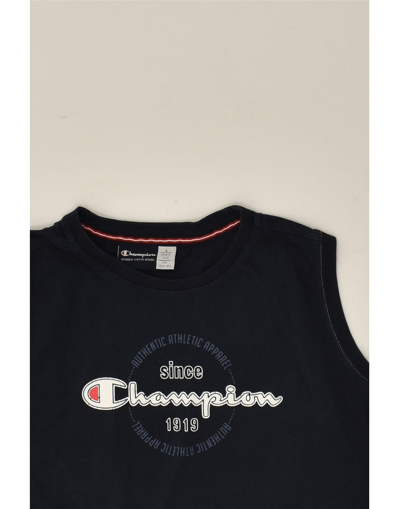 CHAMPION Boys Graphic Vest Top 11-12 Years Large  Navy Blue Cotton | Vintage Champion | Thrift | Second-Hand Champion | Used Clothing | Messina Hembry 