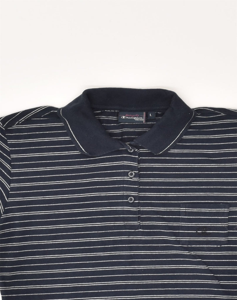 CHAMPION Womens Polo Shirt UK 14 Large Navy Blue Striped Cotton | Vintage Champion | Thrift | Second-Hand Champion | Used Clothing | Messina Hembry 