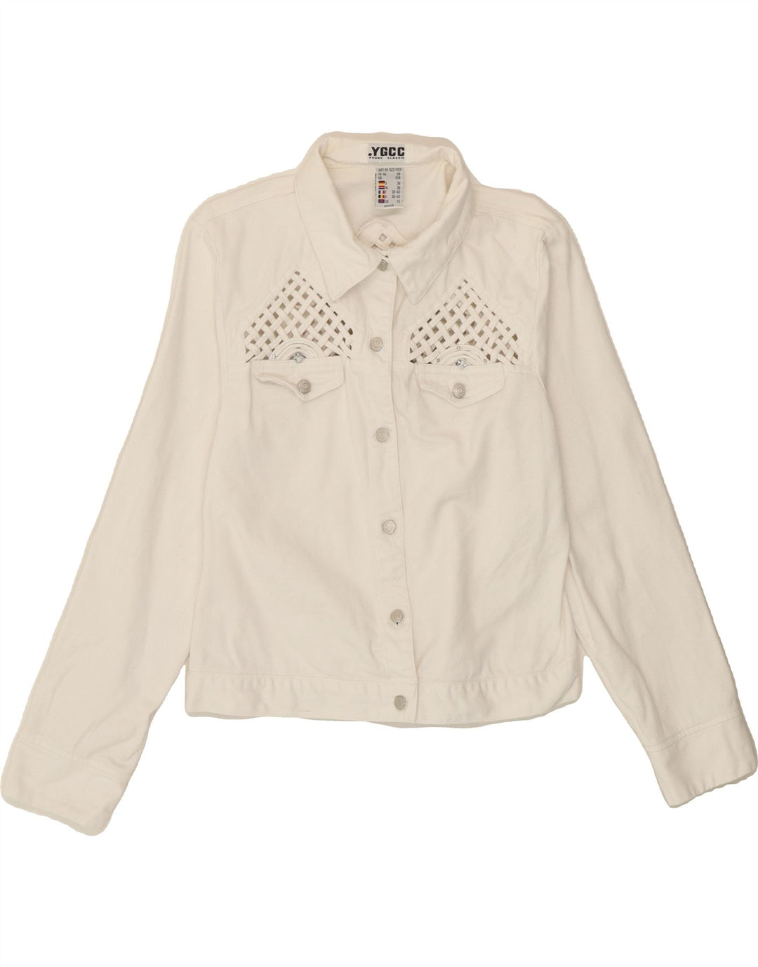VINTAGE Womens Denim Jacket UK 12 Medium White Vintage Vintage and Second-Hand Vintage from Messina Hembry 