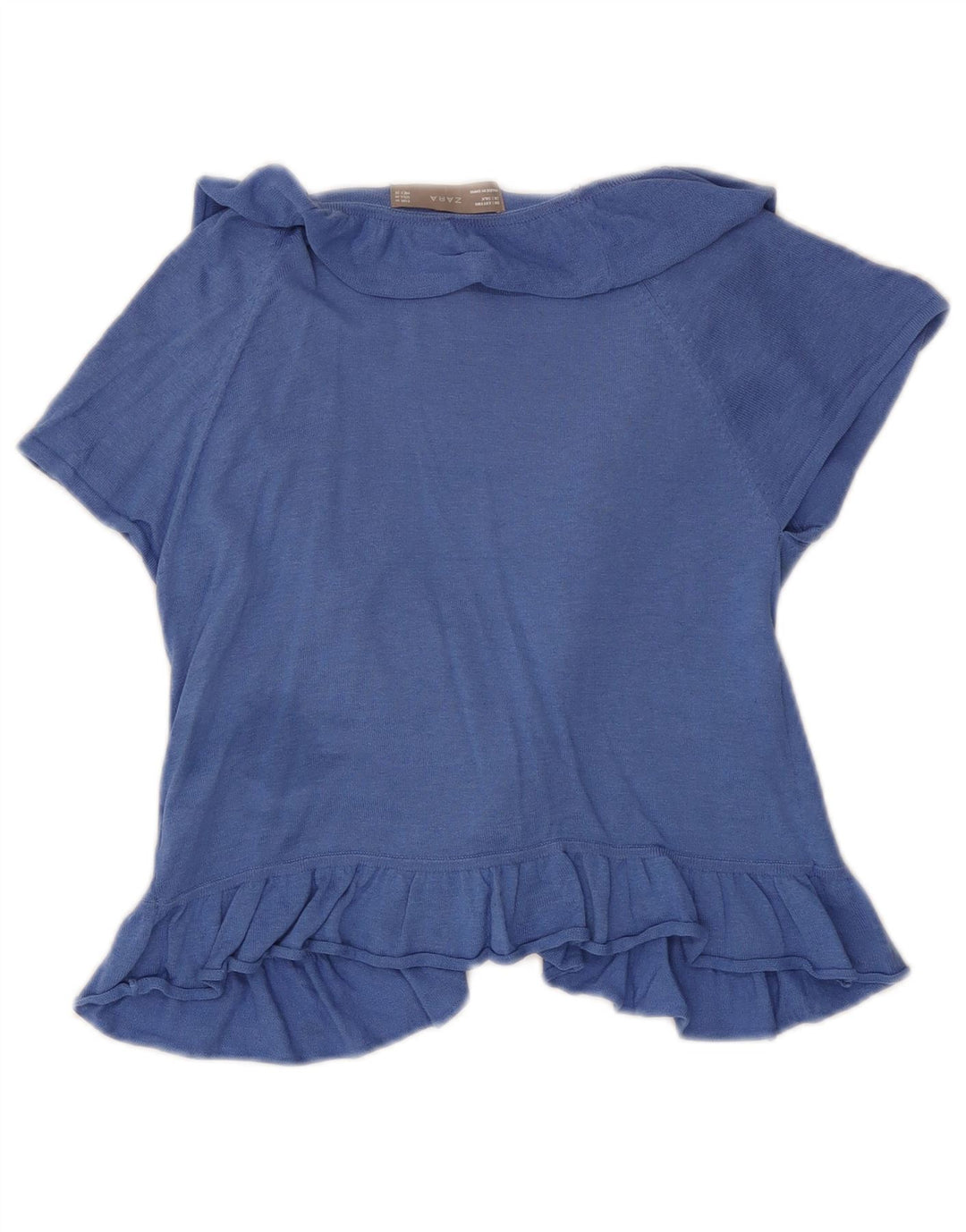 Zara Womens Short Sleeve Ruffle Front Cardigan Top UK 12 Medium Blue Cotton