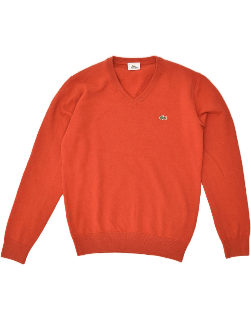 LACOSTE Mens V-Neck Jumper Sweater Size 4 Medium Red Virgin Wool | Vintage Lacoste | Thrift | Second-Hand Lacoste | Used Clothing | Messina Hembry 