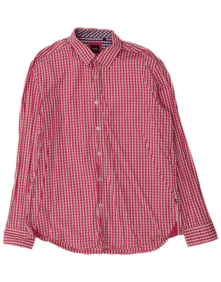 Hugo Boss Mens Regular Fit Shirt XL Pink Gingham Cotton