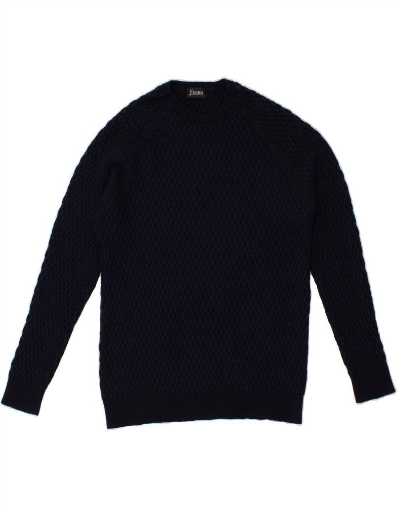 HERNO Mens Slim Fit Crew Neck Jumper Sweater IT 56 2XL Navy Blue Wool Vintage Herno and Second-Hand Herno from Messina Hembry 