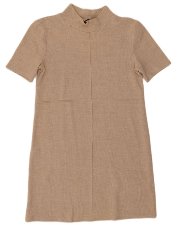 Zara Womens Short Sleeves Shift Dress UK 10 Small Beige
