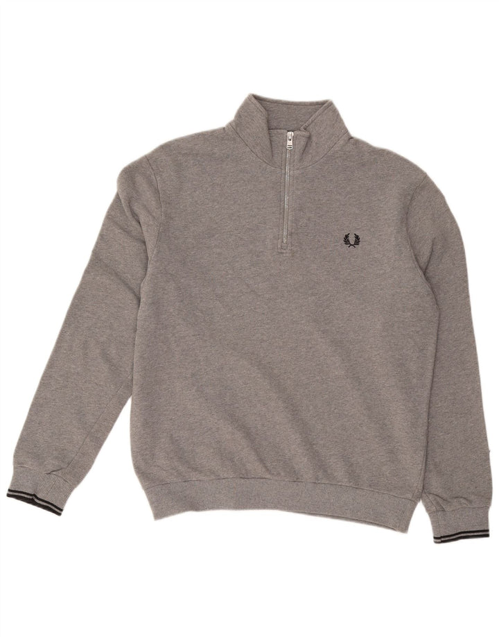 FRED PERRY Mens Zip Neck Sweatshirt Jumper Large Grey Cotton