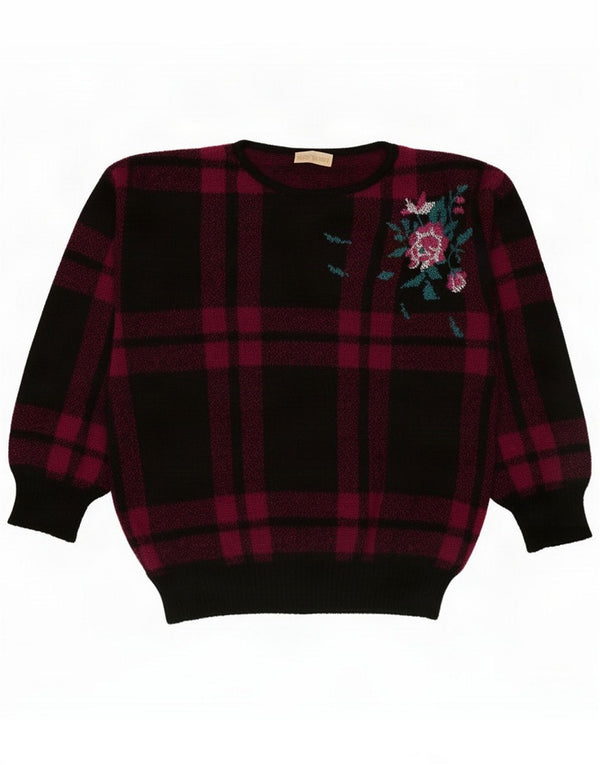 Vintage Womens Oversized Boat Neck Jumper Sweater UK 4 XS Black Plaid