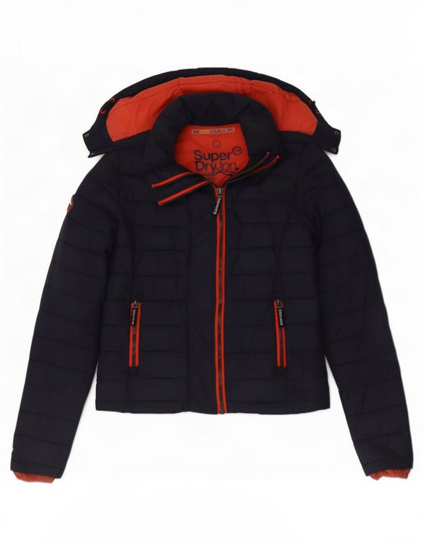 Superdry Womens Hooded Padded Jacket UK 16 Large Navy Blue Nylon