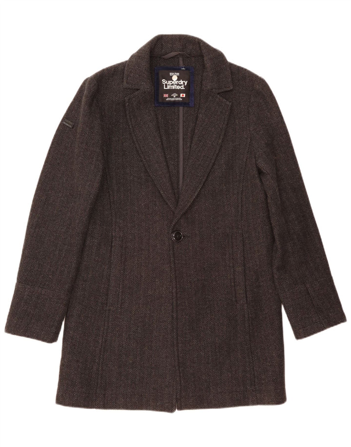 Superdry Mens Overcoat XS Grey Herringbone Wool