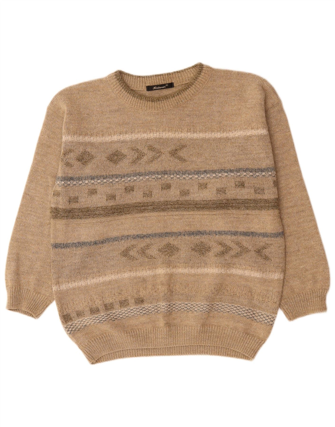 Vintage Mens Crew Neck Jumper Sweater Medium Beige Fair Isle Acrylic