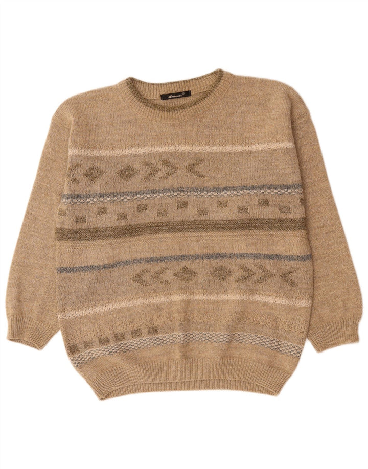 Vintage Mens Crew Neck Jumper Sweater Medium Beige Fair Isle Acrylic