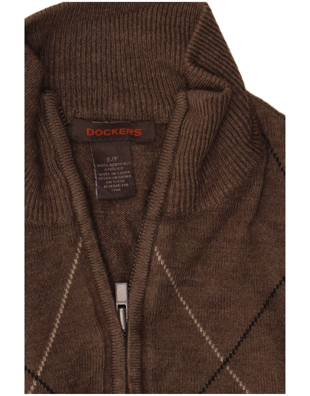 Dockers Mens Zip Neck Jumper Sweater Small Brown Argyle/Diamond Acrylic