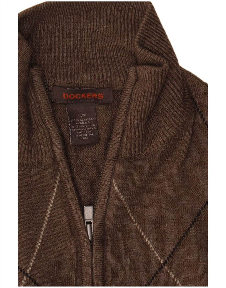 Dockers Mens Zip Neck Jumper Sweater Small Brown Argyle/Diamond Acrylic