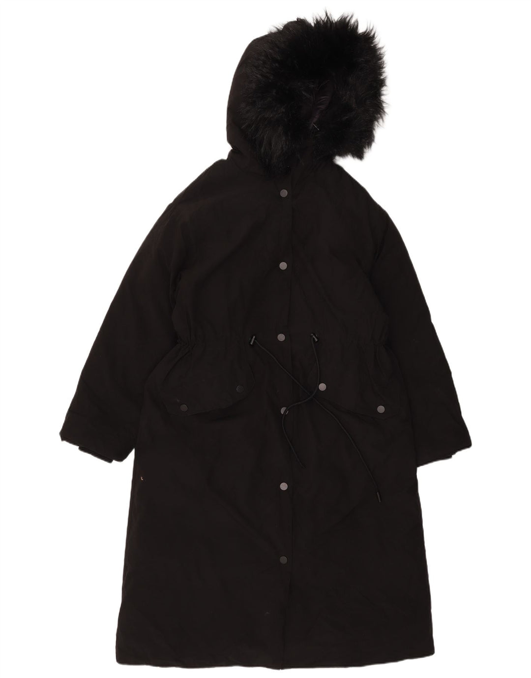 ZARA Womens Hooded Oversized Overcoat UK 6 XS Black Nylon