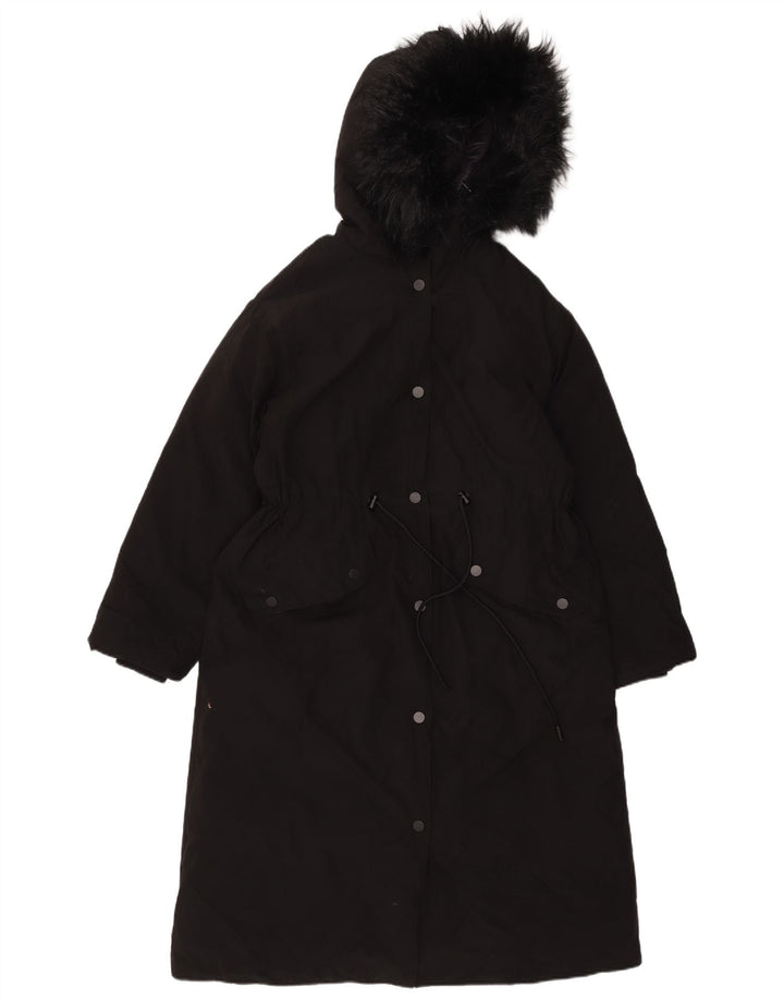 ZARA Womens Hooded Oversized Overcoat UK 6 XS Black Nylon