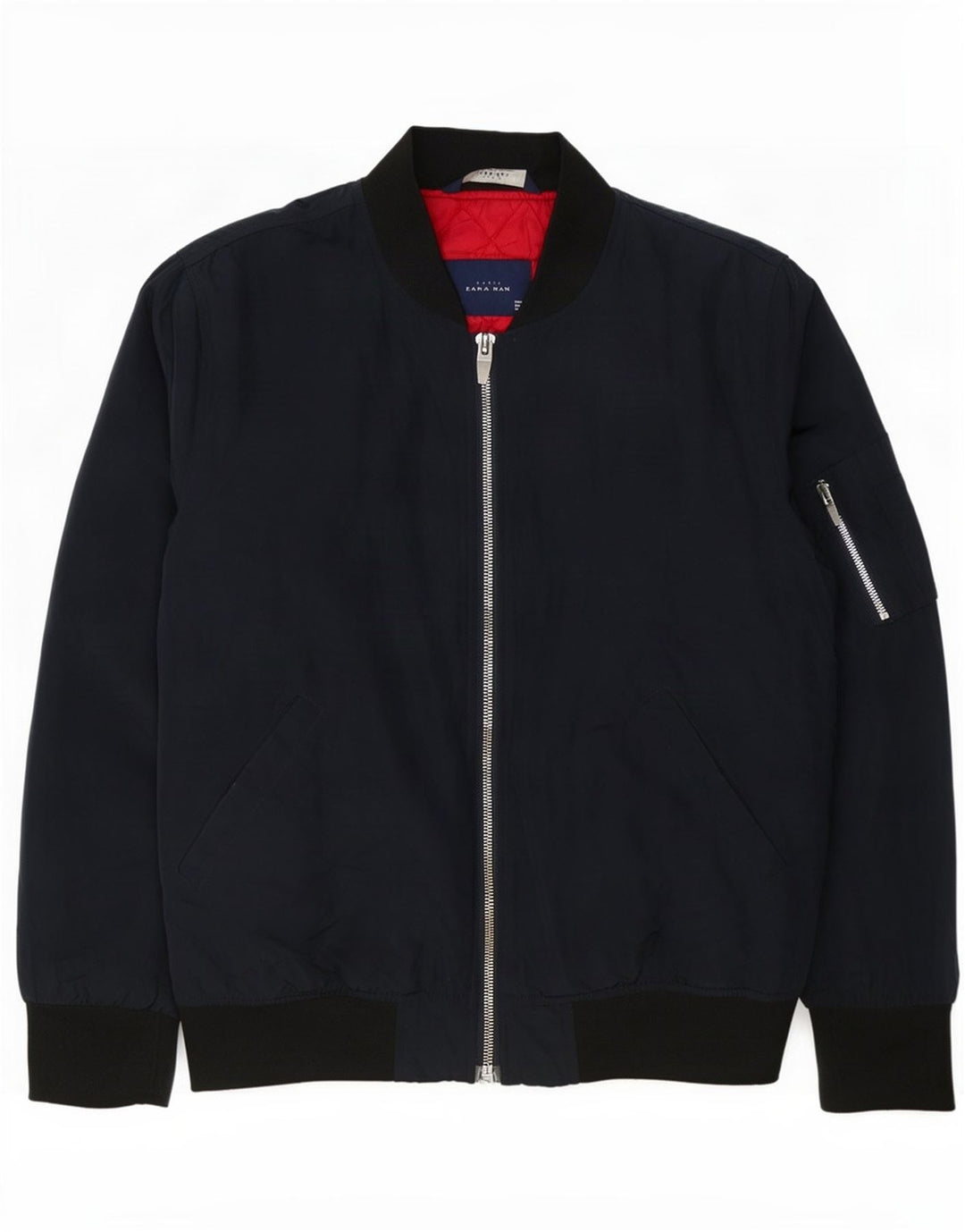 Zara Mens Bomber Jacket UK 40 Large Navy Blue Colourblock Polyester