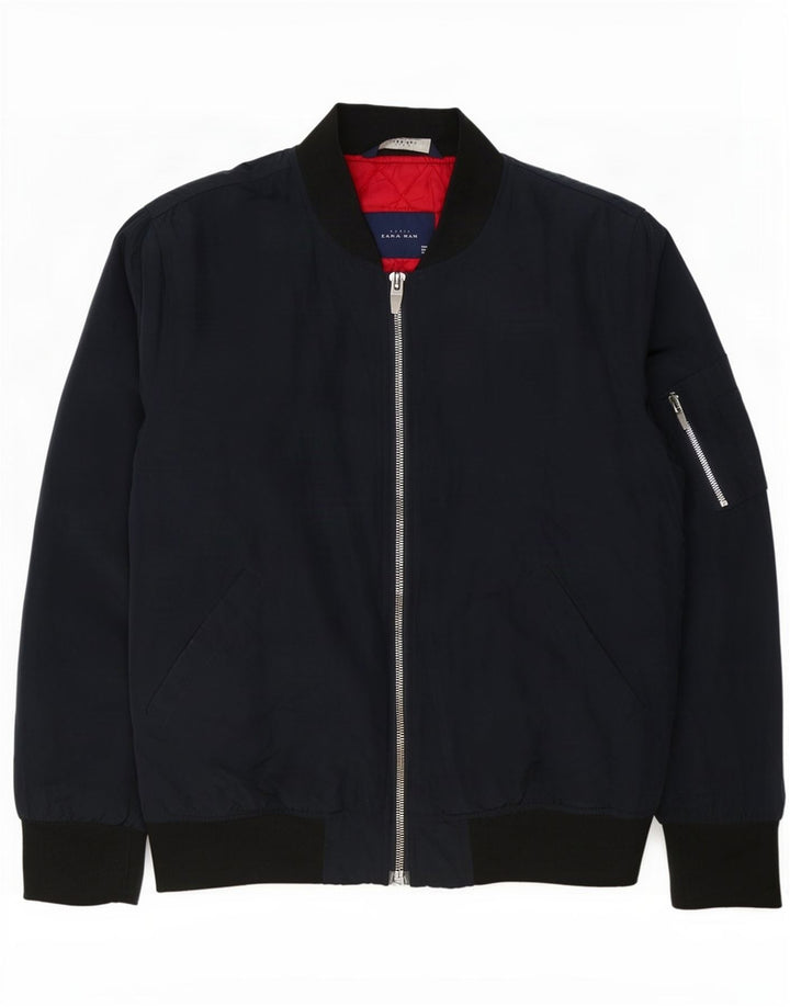 Zara Mens Bomber Jacket UK 40 Large Navy Blue Colourblock Polyester