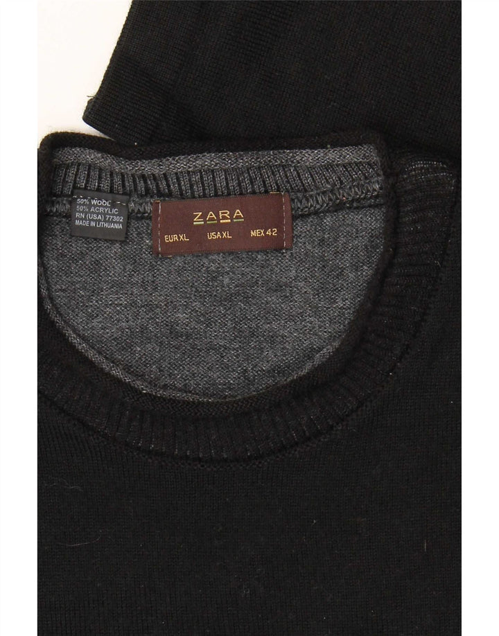 Zara Mens Crew Neck Jumper Sweater XL Black Wool