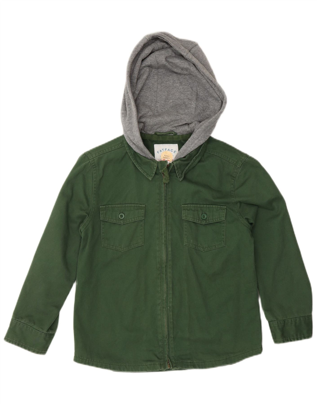FAT FACE Boys Hooded Lumberjack Denim Shirt 7-8 Years Green Colourblock