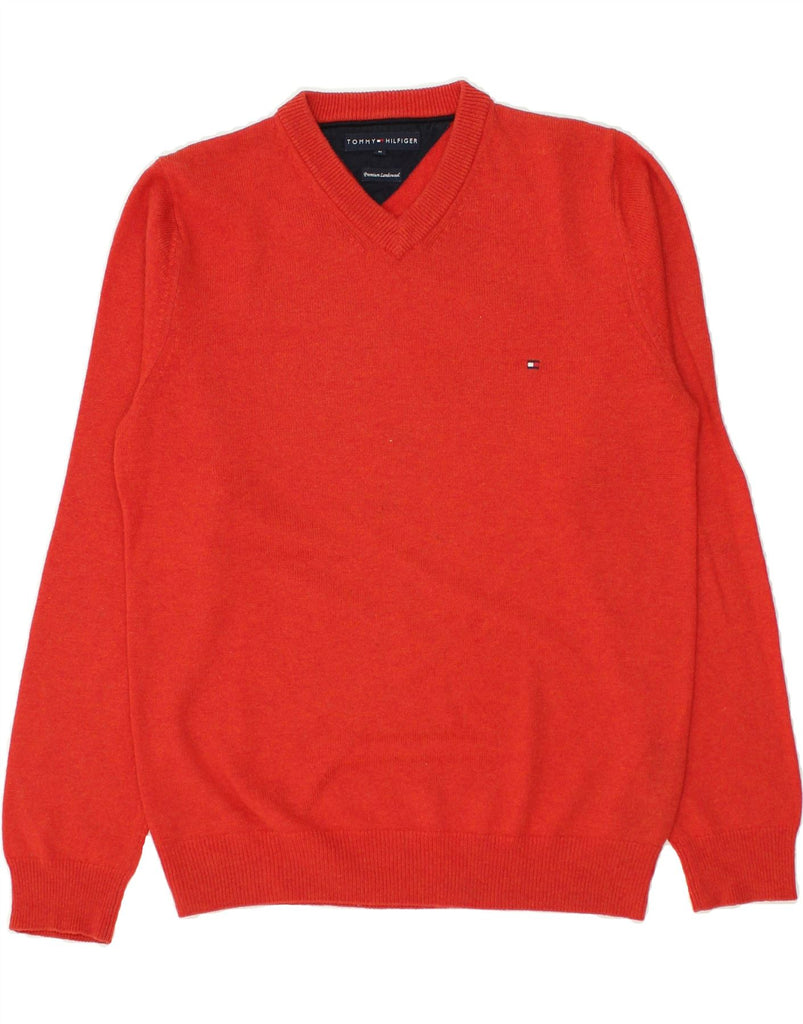 TOMMY HILFIGER Mens V-Neck Jumper Sweater Medium Red Wool | Vintage Tommy Hilfiger | Thrift | Second-Hand Tommy Hilfiger | Used Clothing | Messina Hembry 