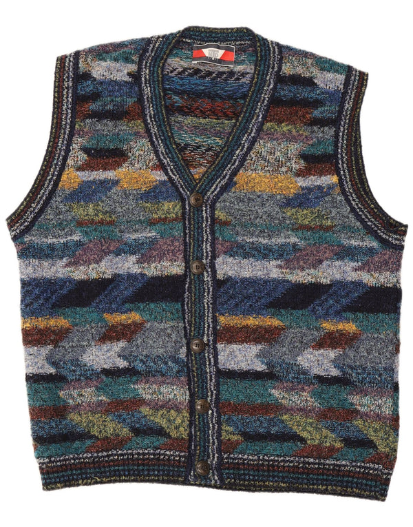 Vintage Mens Sleeveless Cardigan Sweater XL Multicoloured Geometric Wool